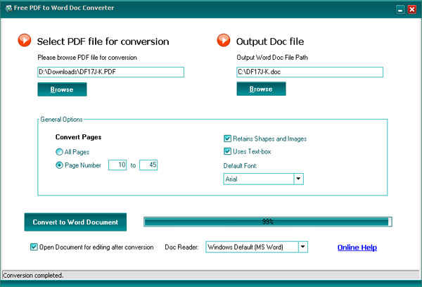 Free PDF to Word Doc Converter window