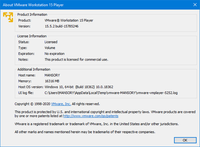 VMware Workstation Player 15.5.2 Build 15785246 Commercial