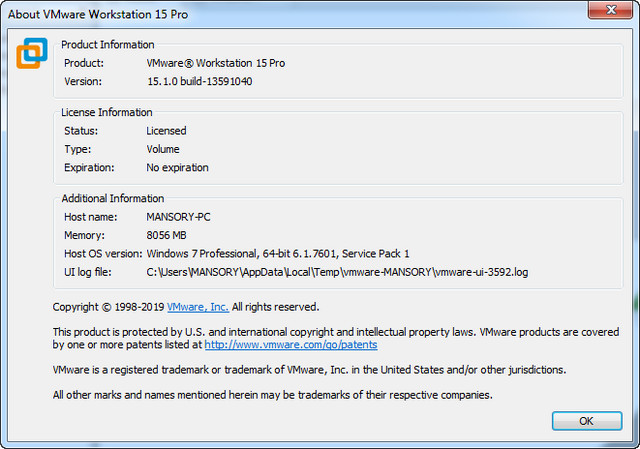 VMware Workstation Pro 15.1.0 Build 13591040